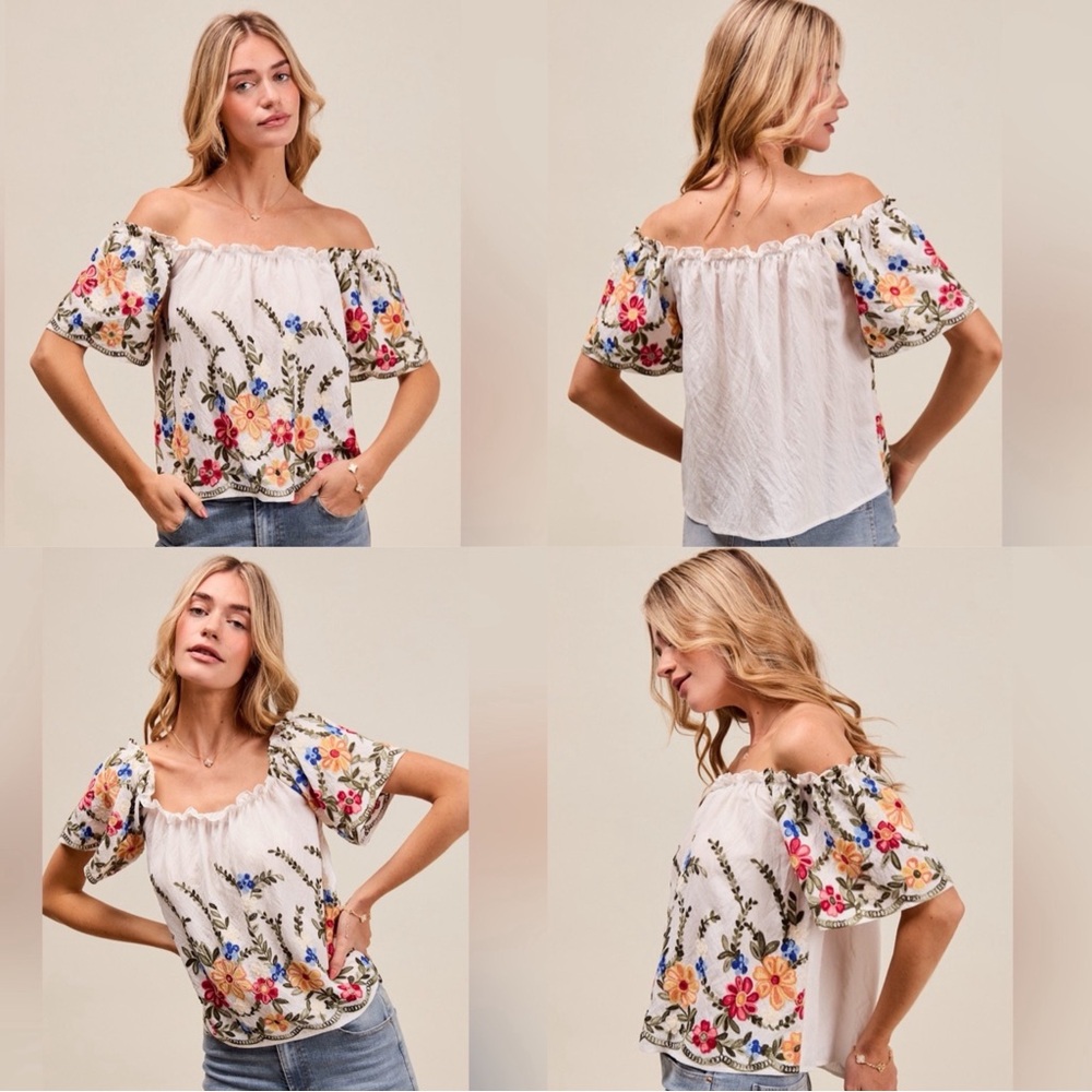 Floral Embroidered Two Way Off The Shoulder Blouse, White & Colorful, Size Small